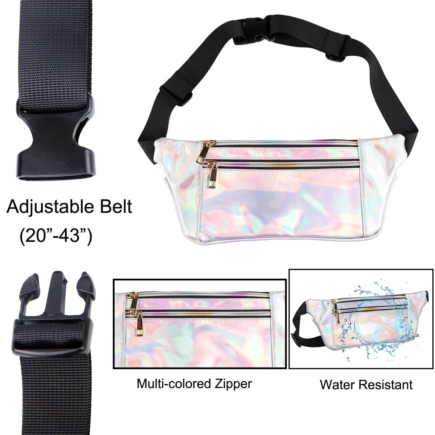 Fanny Pack Waist Bag Women Bum Pouch Pocket Cute Holographic Shiny Iridescent Adjustable Belt Travel Running (Silver)