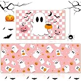 Duraaamo Set of 2 Pink Halloween Ghost Kitchen Mats Non Slip Bathroom Rug | Cute Ghost Bathroom Rugs, Vintage Farmhouse Decor for Indoor Outdoor, Anti Slip Backing, Easy to Clean Washable