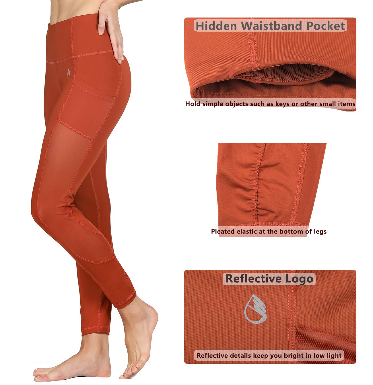 icyZone Tummy Control Slimming Shaping High Waist Yoga Tights Leggings with Mesh (L, Persimmon)