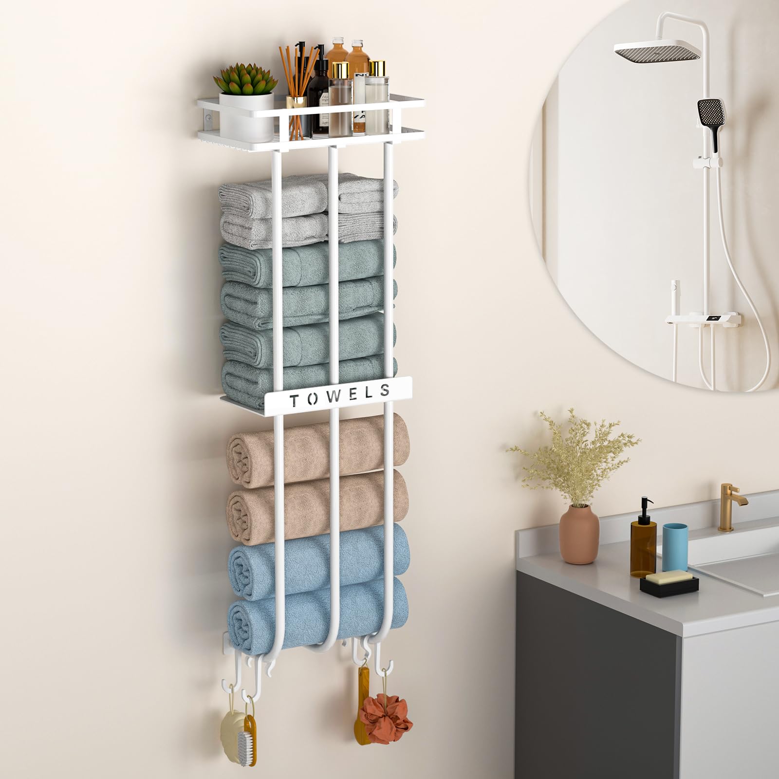 ZDDLOINP Bathroom Towel Rack with Metal Shelf, Towel Rack Wall Mounted for Rolled Bath Towels Organizer, White Towel Holder for Bathroom, RV, Sauna,Hotel L11*W6.4*H32inch