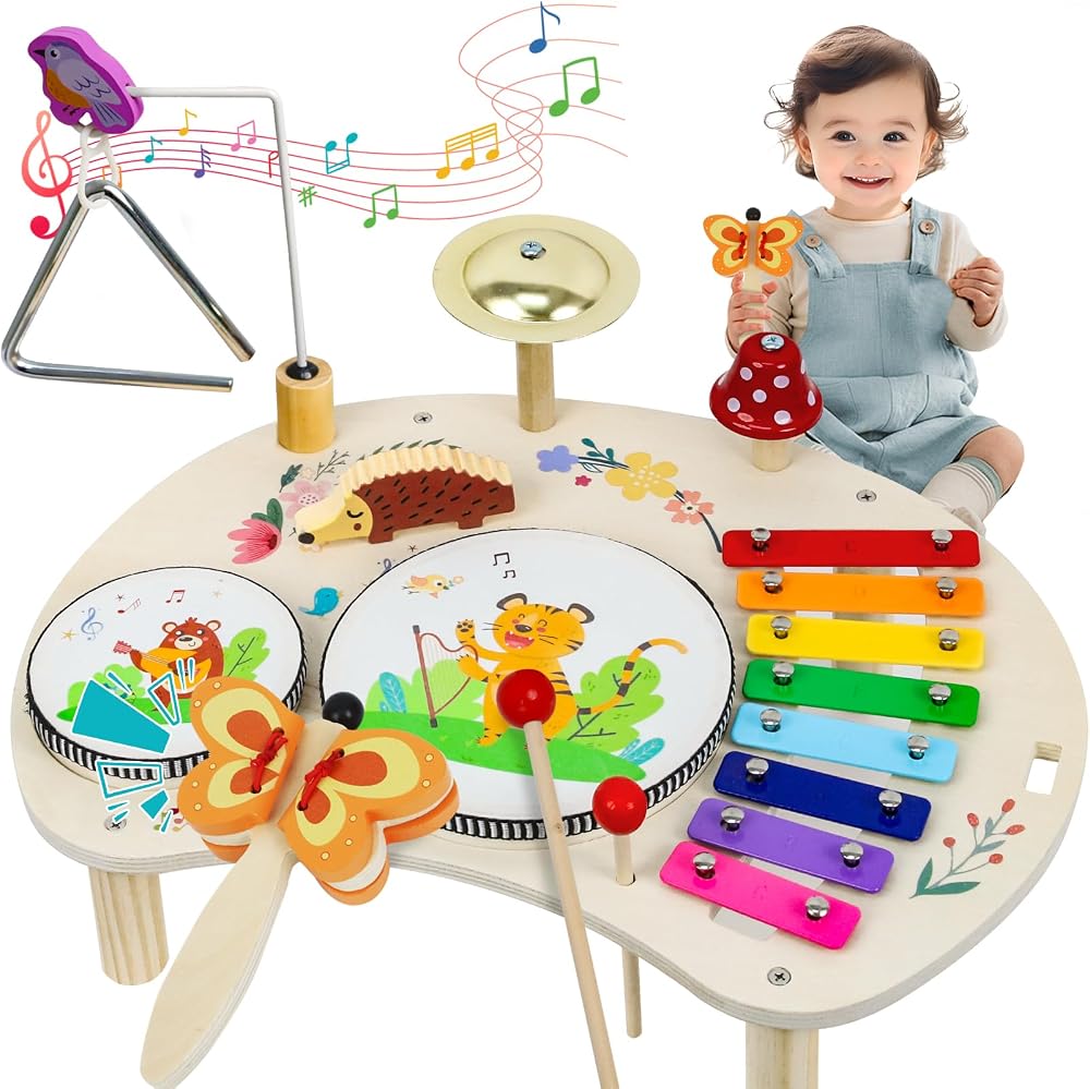 XIAPIA Kids Drum Kit Musical Toy Set with Xylophone Bell Sticks Wood Toys
