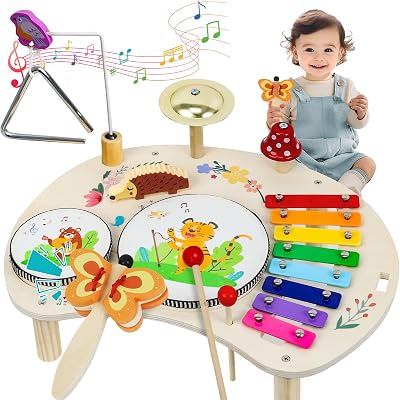 XIAPIA Kids Drum Kit Musical Toy Set with Xylophone Bell Sticks Wood Toys
