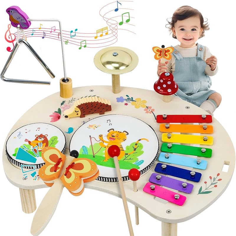 XIAPIA Kids Drum Kit Musical Toy Set with Xylophone Bell Sticks Wood Toys