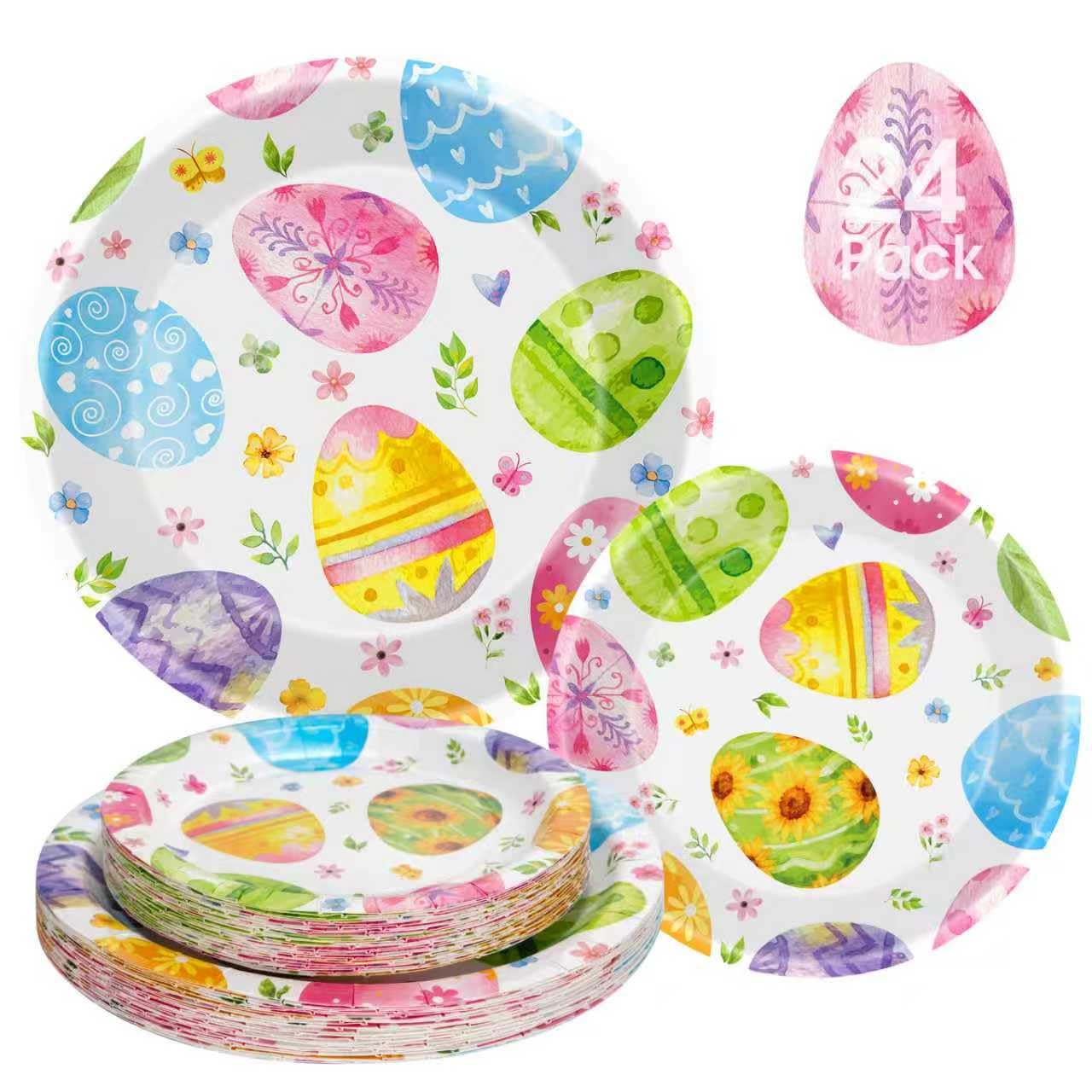 Litmitfu 24 Pcs Easter Plates Set - Watercolor Happy Easter Eggs Paper Plate, Disposable Spring Colorful Round Dinner Dessert Plates Tableware for Easters Day Party Supplies Favors Table Decorations