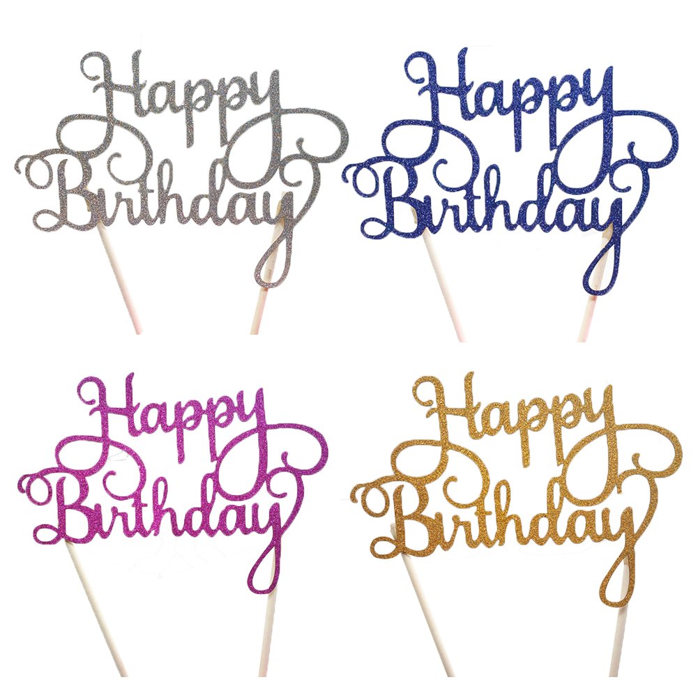 DesignerBox Pack of 4 Happy Birthday Cake Topper Birthday Cupcake Decoration Party Supplies – Gold, Silver, Blue and Rose Red