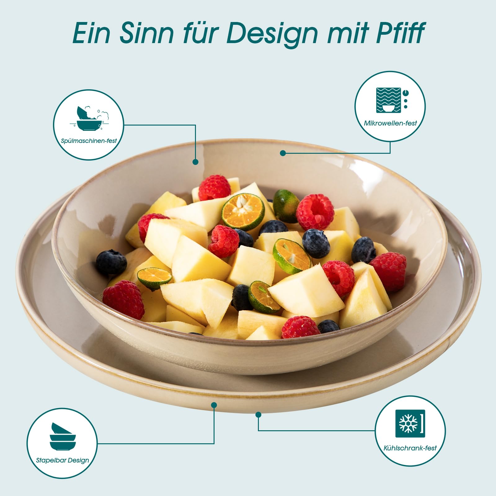 Geschirrset 6 Personen, vancasso PLAYA 24tlg Tafelservice 6 Personen Modern, Steingut Geschirrset, Beinhaltet Schüssel, Dessertteller und Speiseteller, Spülmaschinenfest, Braun 5