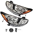 For 2012 2013 2014 Hyundai Accent Halogen Headlights, Headlight Assembly Black Shell Transparent Lens, Left Driver + Right Passenger Side (Left and Right Side)