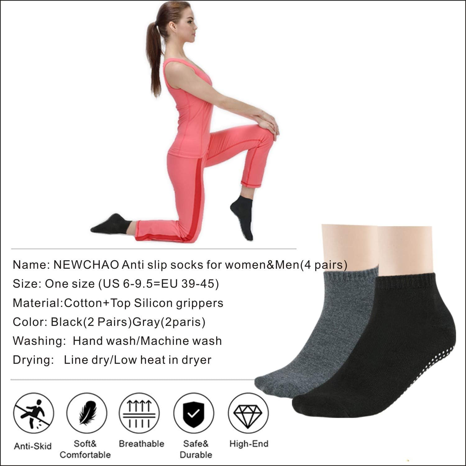 4 Pairs Anti Slip Non Skid Unisex Socks for Women Men Grip Socks for Yoga Home Barre Pilates Hospital Workout: Clothing