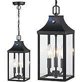 Large Outdoor Pendant Light Fixtures 3-Light, 15'' Dusk to Dawn Exterior Hanging Lantern Porch Light Adjustable, Black Hangin