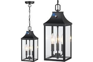 MYHXQ Large Outdoor Pendant Light Fixtures 3-Light, 15'' Dusk to Dawn Exterior Hanging Lantern Porch Light Adjustable, Black Hanging Lamp Farmhouse Exterior Chandelier Ceiling Mount for Entrance Patio