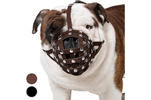 CollarDirect Leather Basket Dog Muzzle for Boxer, English American Bulldog Secure Anti-Barking Biting Chewing Adjustable Breathable (Brown)