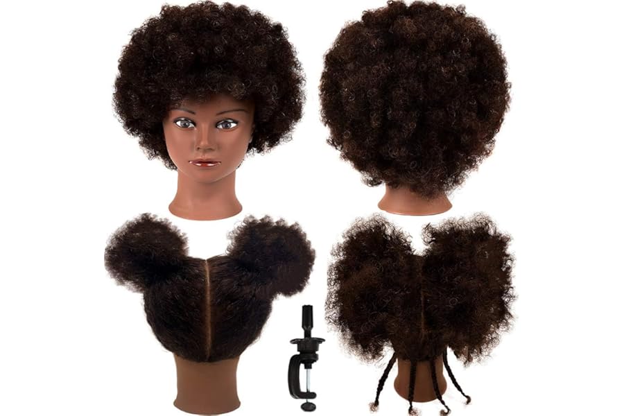 African Mannequin Head with 100% Human Hair Curly Cosmetology Manican Mannequins Heads with Stand for Display Practice Braiding Styling Training Head Hair Styling
