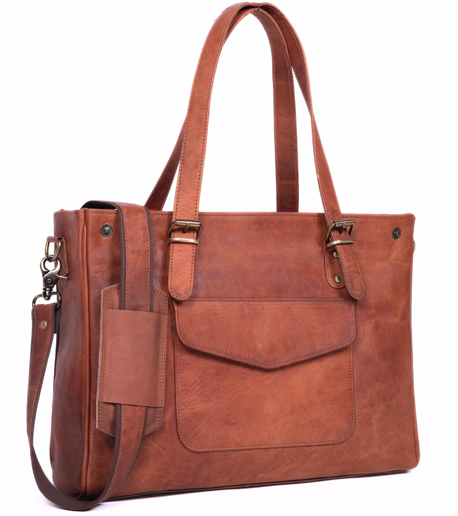 Photo 1 of Genuine Leather Laptop Bag for Women - Large Brown Work Tote, Messenger Bag, and Briefcase with Laptop Compartment & Zipper - 16-inch Womens Leather Computer Bag Fits 15.6-inch Laptop