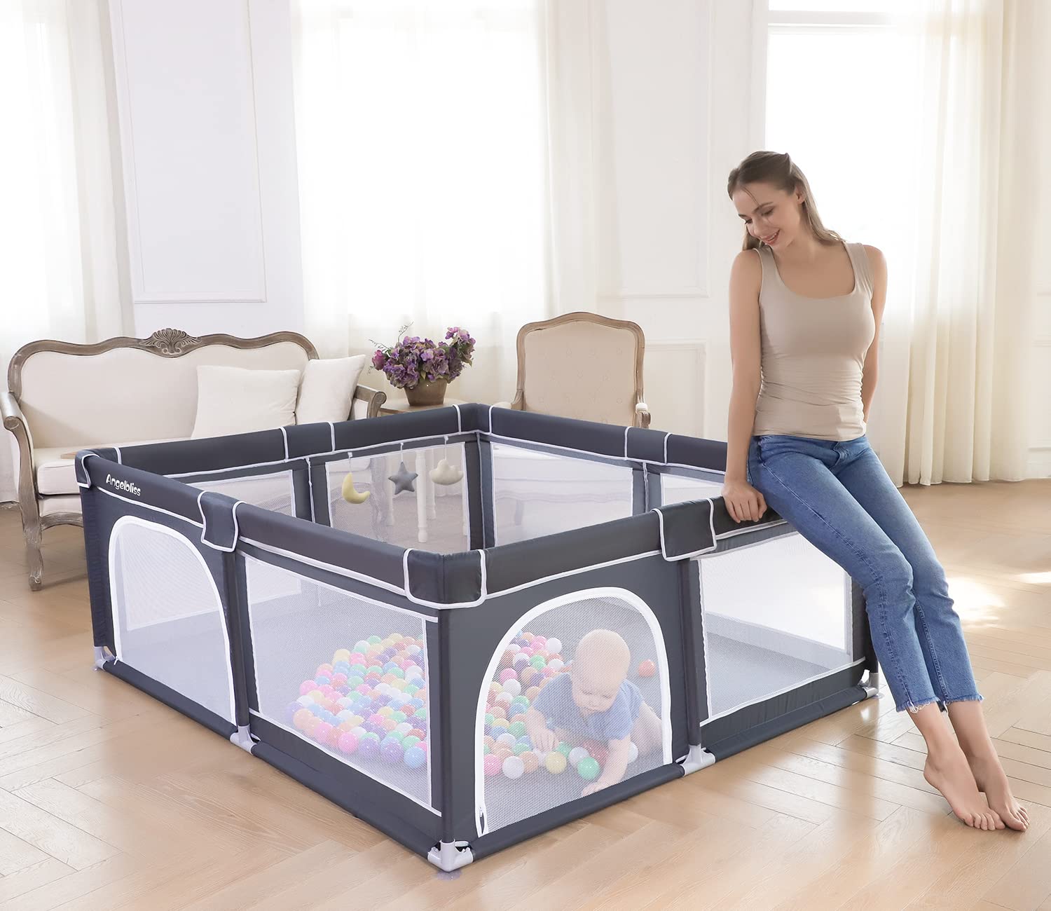 ANGELBLISS Baby Playpen, Large Playpen, Indoor&Outdoor,Sturdy Safety Play Yard with Super Soft Breathable Mesh,Kid's Fence for Toddlers(Dark Grey,63”x47”)