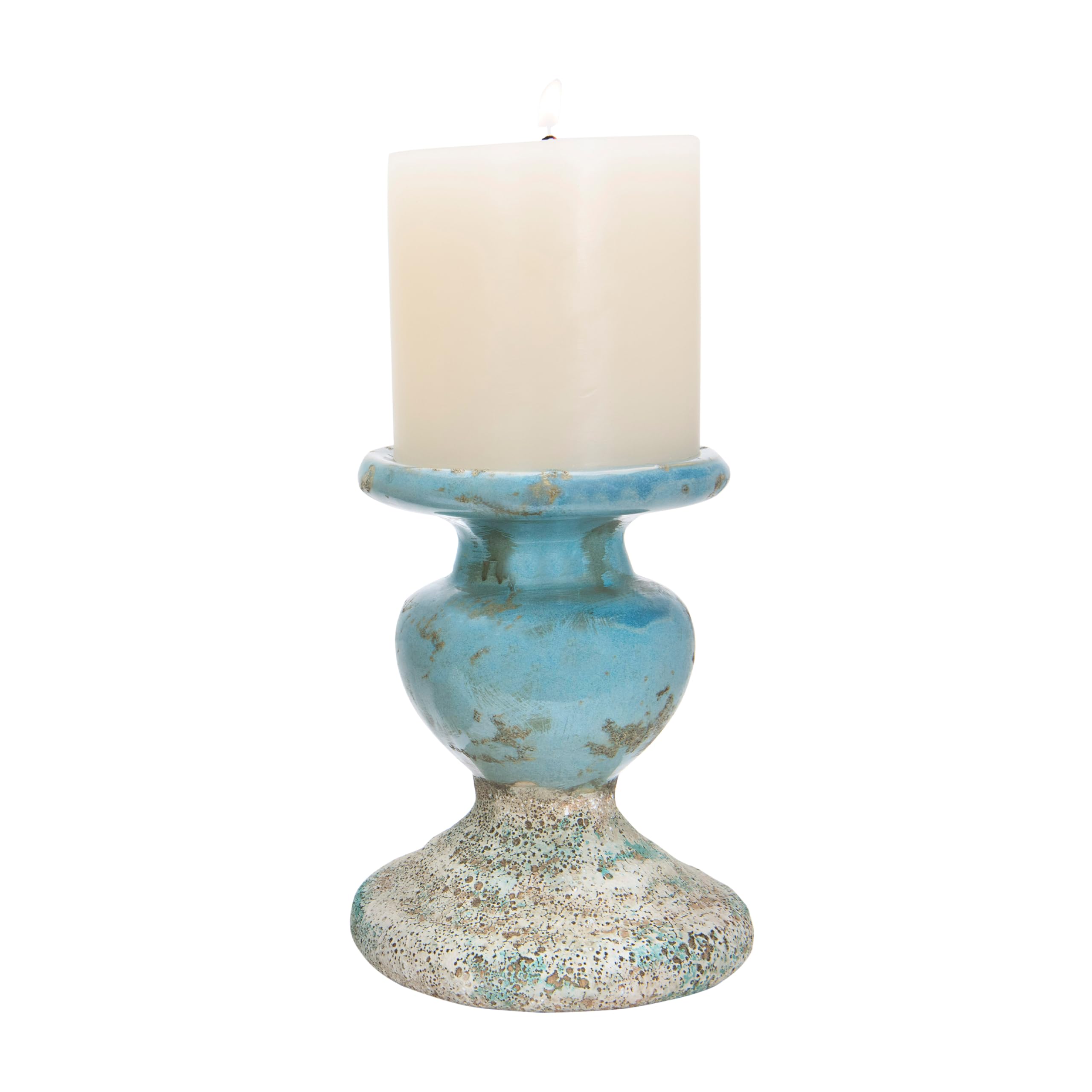 Creative Co-Op Large Distressed Blue Terracotta Pillar Candle Holder