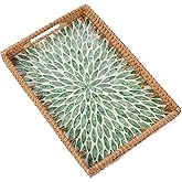 Tynulox Rectangle Rattan Tray with Mother of Pearl Inlay, Rattan Serving Tray with Handle for Coffee, Bread, Fruits, Snacks, Decorative Wicker Tray for Table Decor (Rectangle Green Leaf, 13"×9")