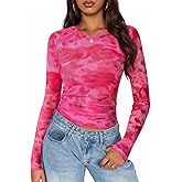 ZESICA Womens 2026 Spring Floral Mesh Going Out Tops Long Sleeve Crewneck Slim Fit Ruched Y2k Shirt Beach Vacation Outfit