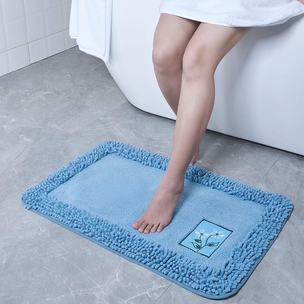 Non Slip Shaggy Chenille Bath Rug -Soft Microfibers Mat for Bathroom Rugs Water Absorbent of Plush Carpet, Machine Washable and Dryable for Tub Shower, 20 x 30 Inches Blue and Gray (2030, Blue): Kitchen & Dining