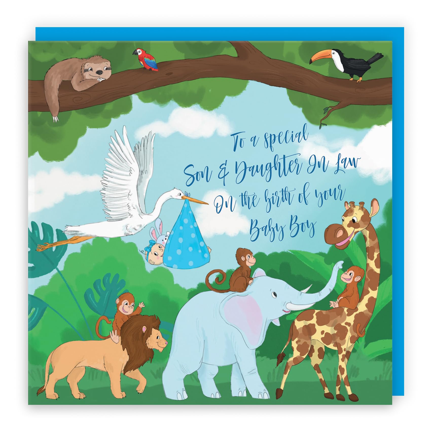 Hunts England - Son And Daughter In Law New Baby Boy Congratulations Card - To A Special Son & Daughter In Law On The Birth Of Your Baby Boy - Blue - Stork Holding New Baby - Jungle Collection