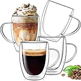 12 oz/350ml Double Walled Glass Coffee Mugs, Clear Coffee Cups and Mugs Set of 4, Cappuccino Latte Macchiato Glasses Cups wit