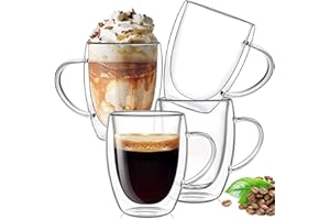 12 oz/350ml Double Walled Glass Coffee Mugs, Clear Coffee Cups and Mugs Set of 4, Cappuccino Latte Macchiato Glasses Cups wit