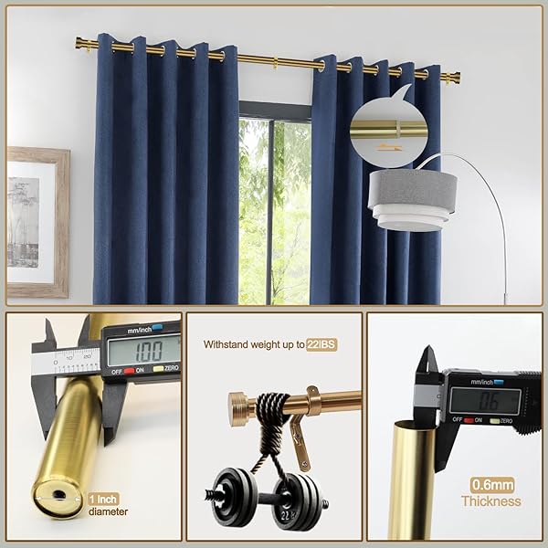 GOLD CURTAIN RODS FOR WINDOWS 18-144 INCH,ADJUSTABLE LENGTH 1 INCH DIAMETER HEAVY DUTY CURTAIN ROD FOR BEDROOM/KITCHEN/DORM/APARTMENT/DOOR
