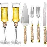 VARLKA Wedding Cake Knife and Server Set, Gold Cake Cutting Set for Wedding, Mr and Mrs Champagne Flutes for Bridal Shower Gifts Engagement Gifts for Couples