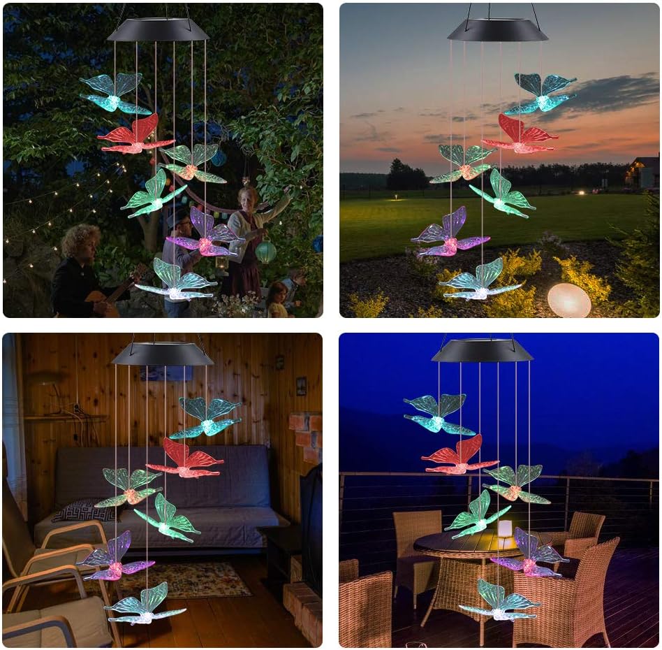 ecoeco LED Solar Butterfly Wind Chime, Wind Chimes Outdoor Changing Color Waterproof Six Hanging Lights Wind Chimes Solar Mobile for Home Party Night Garden Decoration : Garden & Outdoor