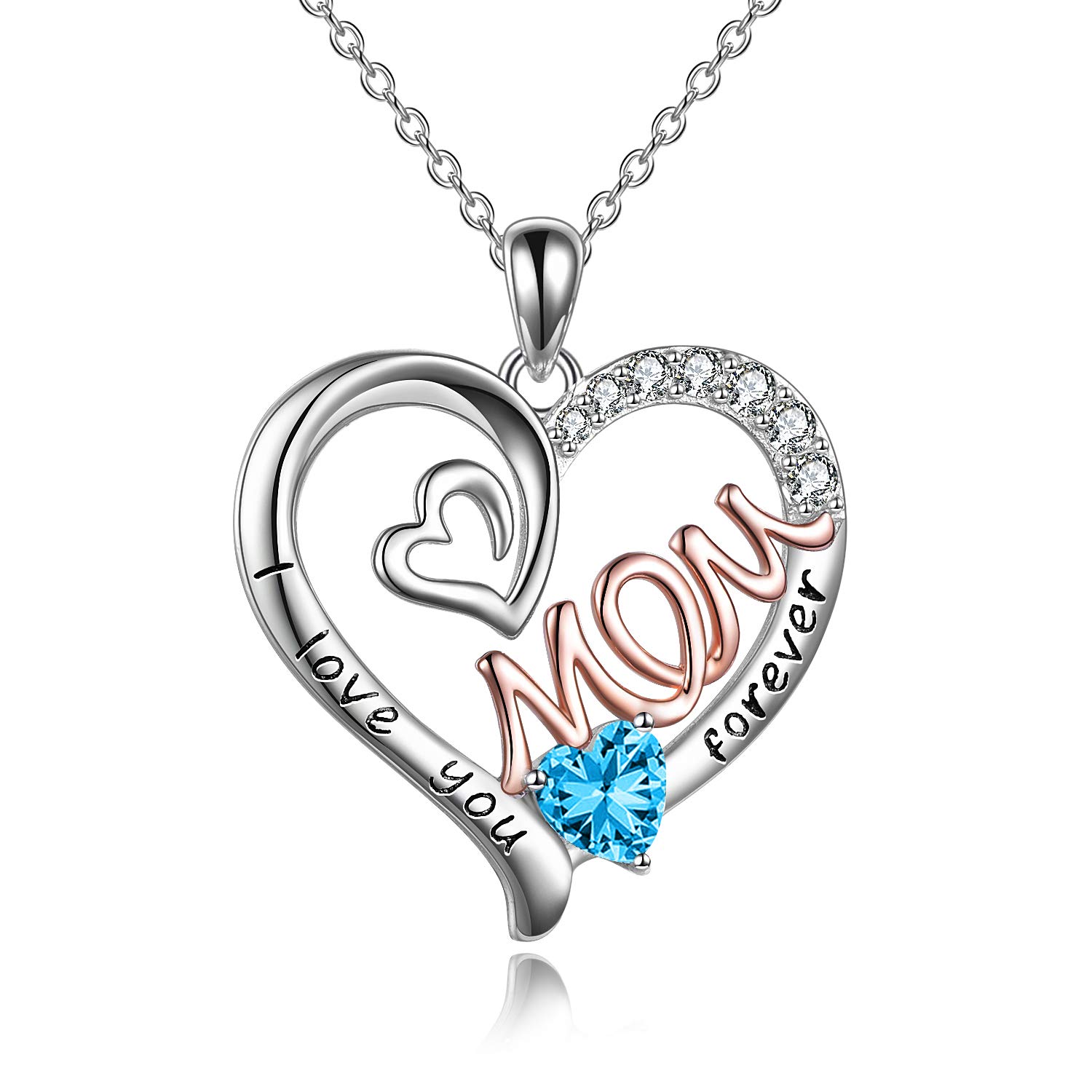 WINNICACA Mom Necklace S925 Sterling Silver Heart CZ Blue Stone Love Mum Pendant March Birthstone Jewellery for Women Mother Gifts — image 1