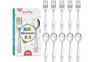 PLASKIDY Kids Silverware Stainless Steel Set of 10 Toddler Utensils Forks and Spoons - Dishwasher Safe Kids Flatware Set Children's Safe Cutlery Set