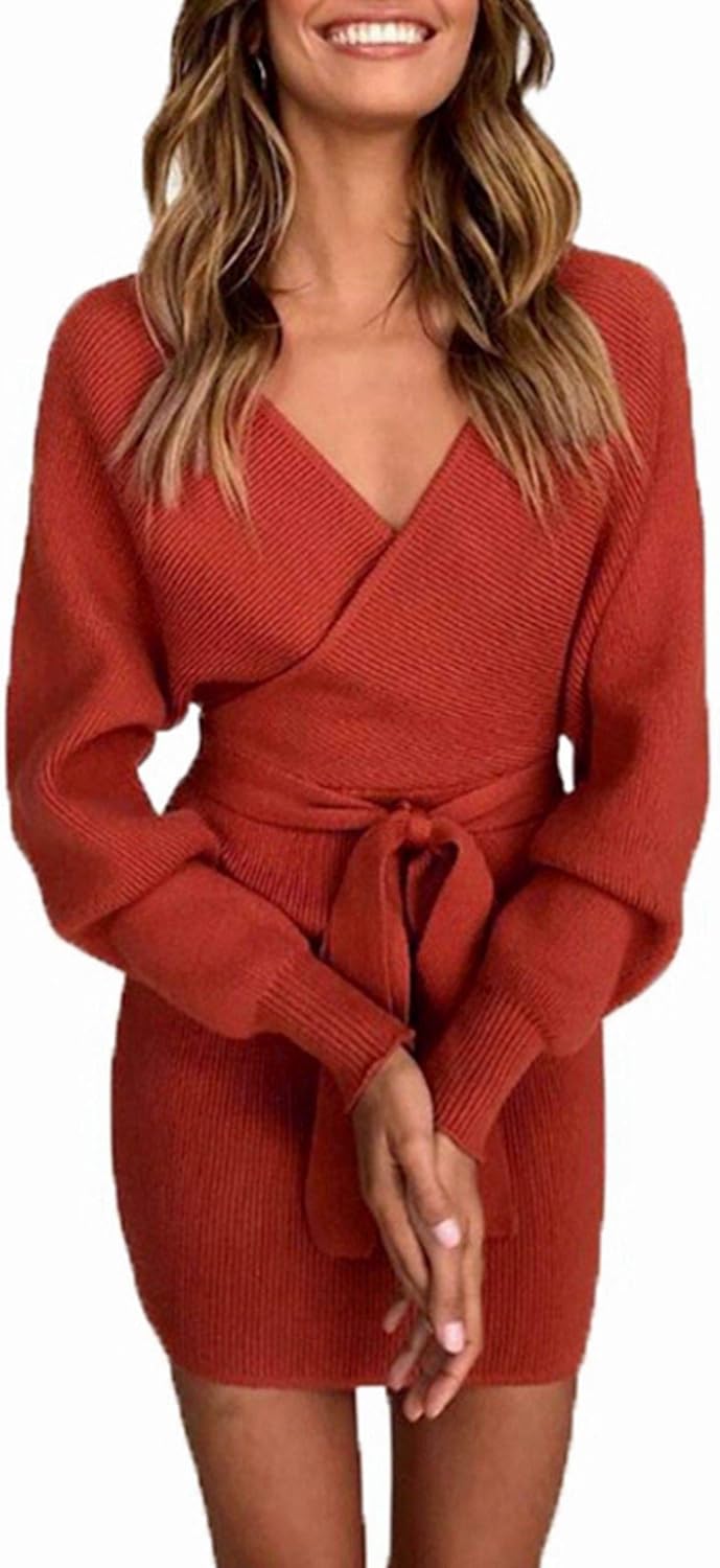 Leezepro Women Jumper Dress VNeck Knit Sweater Dress with Belt Long
