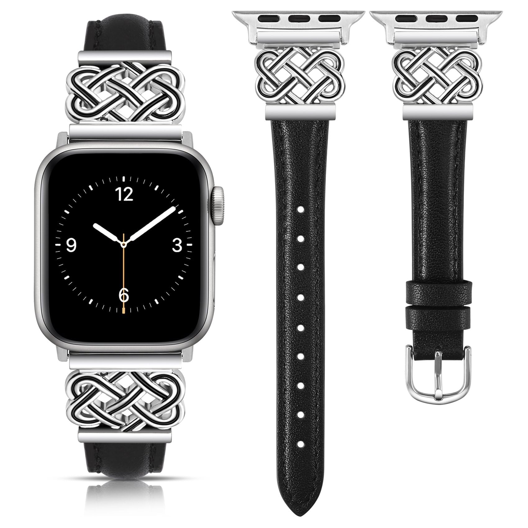 TOYOUTHS Leather Strap Compatible with Apple Watch Straps 38mm 40mm 41mm 42mm Women, Slim Thin Leather Strap with Dressy Interlock Buckle for iWatch 11 10 9 8 7 6 5 4 SE 3 2 1, Black/Silver