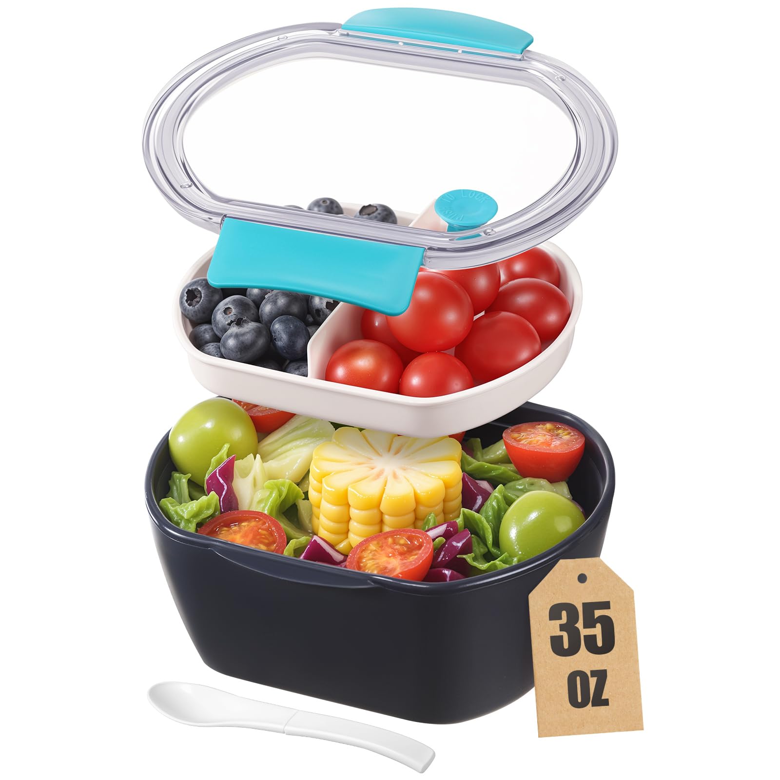 Photo 1 of Small Salad Container for Lunch-35oz Divided Bento Box Lunch Box for Fresh Meals,Portable Salad Bowls To Go with 2-Compartment Tray Meal Prep?Leak Proof Tritan Lid, Dishwasher & Microwave Safe?Navy