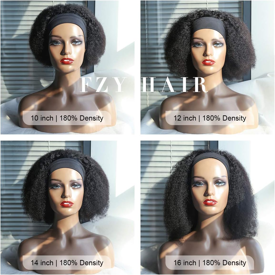 Headband Wig Human Hair 180% Density Curly Wigs for Black Women Glueless Wig with Band Brazilian Virgin Wear and Go Afro Kinky Curly Half Wig No Lace Front 10 Inch - Image 3
