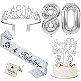 80th Birthday Decorations for Women Silver with 80th Birthday Sash and Crown, Cake Topper and Candles, Silver Number Balloons, 80 Year Old Gifts for Women