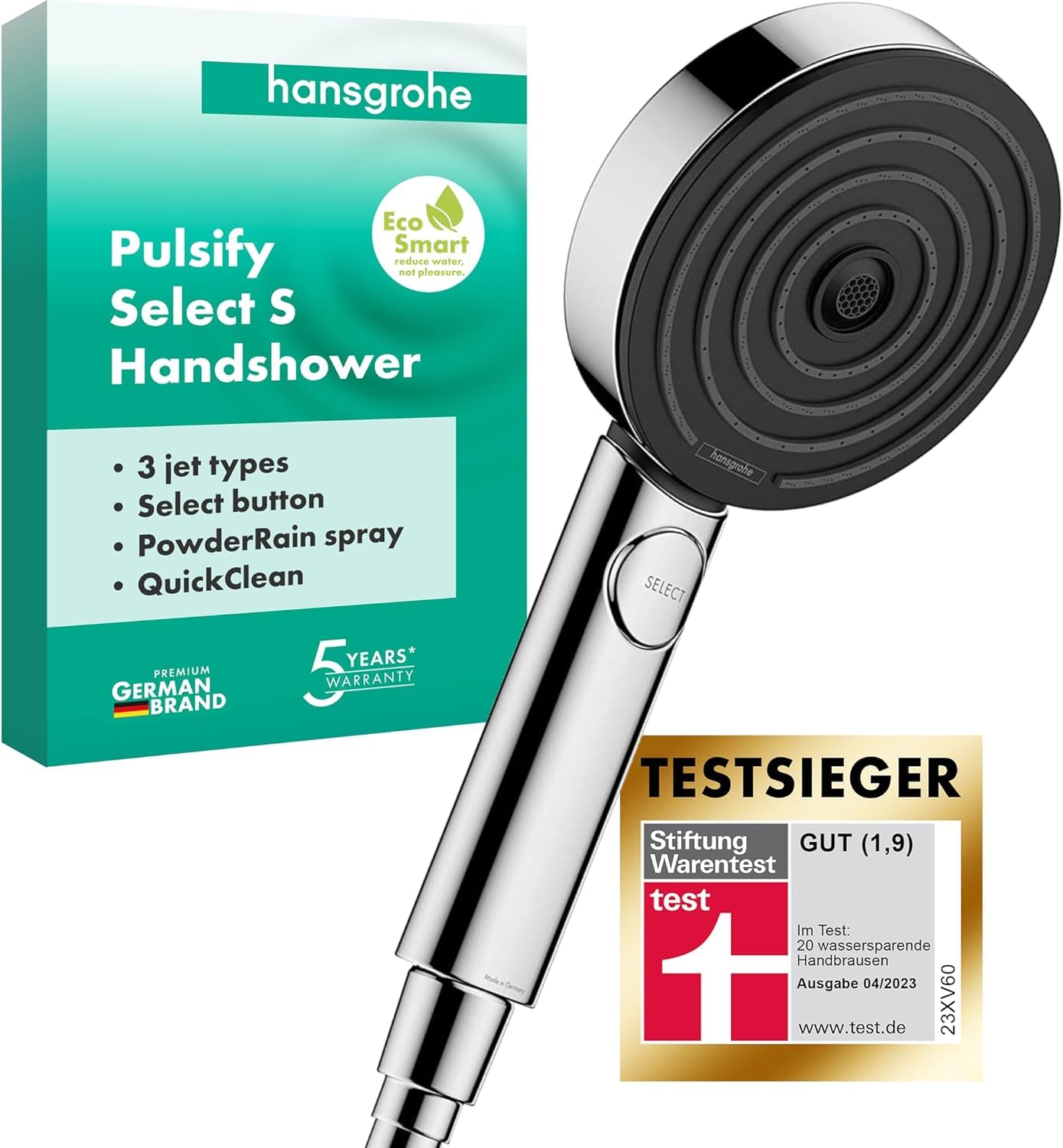 hansgrohe Pulsify Select S -wassersparender Duschkopf 6,9 l/min (EcoSmart), Handbrause mit 3 Strahlarten (Relaxation Version), Duschbrause (105mm), Sparduschkopf mit Antikalk-Funktion, Chrom, 24111000