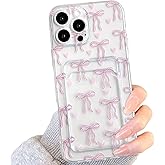 NITITOP Compatible with iPhone 16 Pro Case Clear with Card Holder Cute Bowknot Pattern Bow Ribbon Little Love Hearts for Women Girls Soft TPU Wallet Case Protective Cover - Pink
