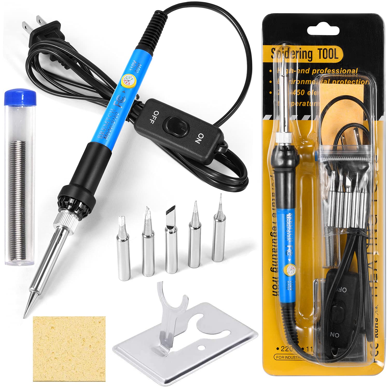 Photo 1 of 9-in-1 Soldering Kits, [Upgraded] 60W Adjustable Temperature Welding Tool with ON-Off Switch, 5pcs Soldering Iron Tips, Solder Wire, Y Type Soldering Iron Stand (Light Blue)