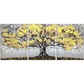 RyounoArt Yellow and Gray Wall Art Yellow Bedroom Wall Decor Tree of Life Pictures Painting on Canvas Framed 12x16In Each