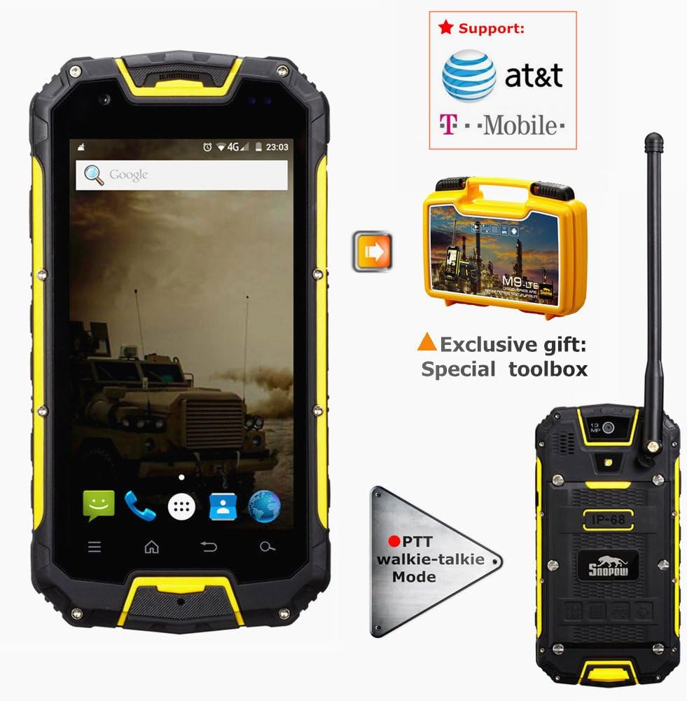 Snopow M9 Lte Ip68 Waterproof Dustproof Shockproof Rugged Outdoor Hiking 4g 3g 2g Unlocked Cell Phone Dual Sim Quad Core Android 5.1/ptt Walkie Talkie NFC OTG LED Torch Gps 4.5 Inch Smartphone（yellow）