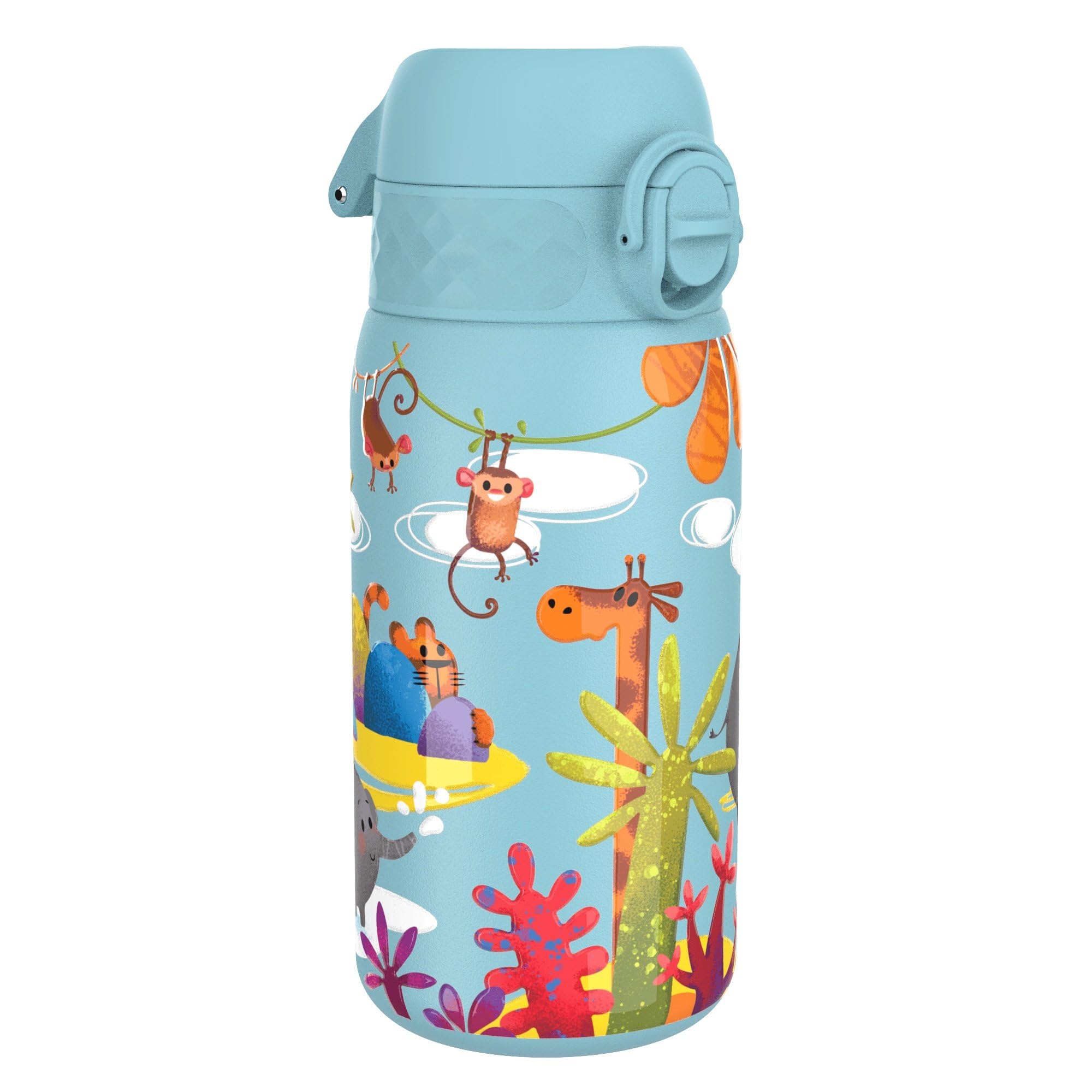 Ion8 Lightweight Steel Kids Water Bottle, 400ml/13oz, Non-Insulated, Leak Proof, Easy to Open, Secure Lock, Dishwasher Safe, Fits Cup Holders, Carry Handle, Metal Water Bottle, Blue, Safari