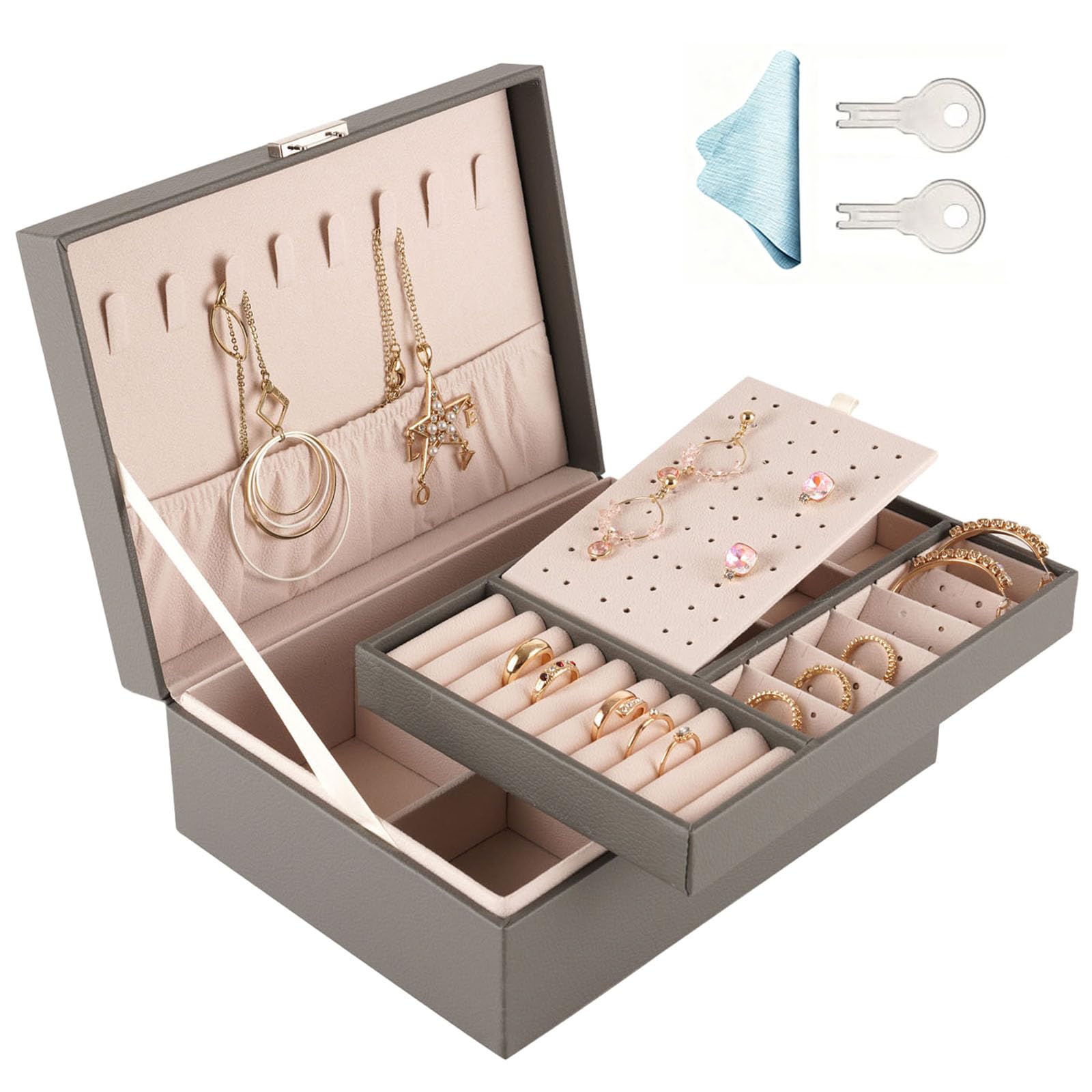 LeeFyy Jewellery Organiser, 2 Layer PU Leather Jewellery Box with Key, Jewelry Box for Women, Jewellery Storage Organiser for Necklace Earrings Bracelet Ring Accessories