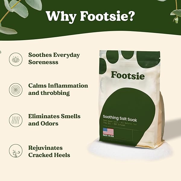 FOOTSIE SOOTHING TEA TREE OIL EPSOM SALT SOAK – FOR CALLUSES, ACHES & PAIN, ATHLETE’S FOOT – MADE IN USA – SOOTHES CRACKED HEELS, FLAKY SKIN – 100% ORGANIC, PEDICURE SPA SALT – 48 OUNCES