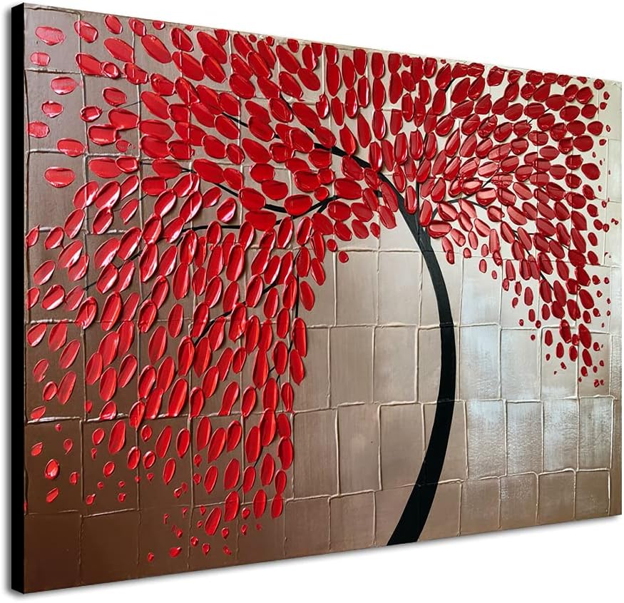 Paintings - Wieco Art Red Flower Oil Paintings on Canvas Wall Art Ready to Hang for Living Room Bedroom Kitchen Home Decorations Large Modern 100% Hand Painted Stretched and Framed Abstract Floral Artwork L