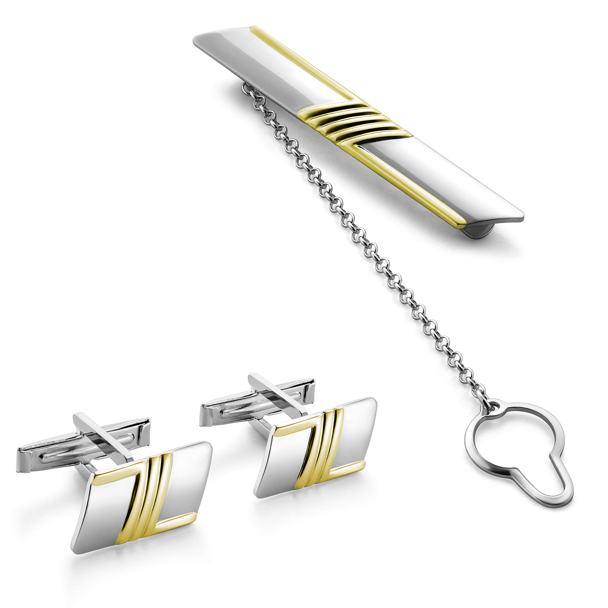 Mens Cufflinks And Tie Clip Set In Sterling Silver 925 With Gold-Tone Accents