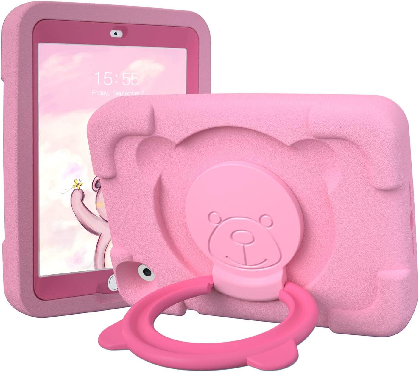 pzozKids Case Compatible for Apple iPad Mini 1 2 3 7.9 inch, EVA Shockproof Rotate Handle Folding Stand Heavy Duty Protective Cute Boys Girls Cover for Mini 1st 2nd Gen 3th Generation (Pink)