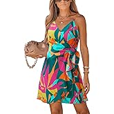 CUPSHE Women Spaghetti Strap Summer Dress Surplice V Neck Wrap Waist Tie Casual Beach Sundress Holiday Vacation Mini Dress