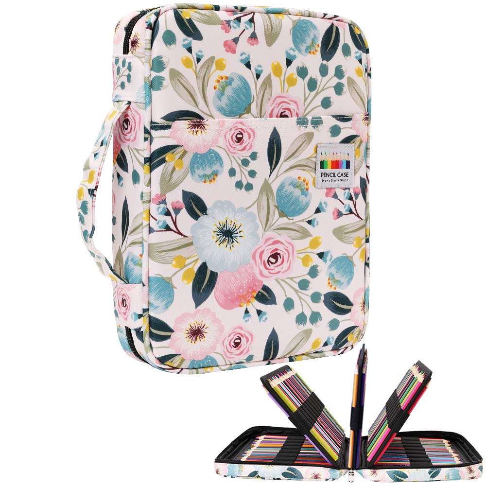 OVAKIA Large Pencil Case, 220 Pencil Capacity, Multicolour Floral Pattern, Zipper Closure, Hand-held Band, Unisex, 30.5 x 22.5 x 8 cm