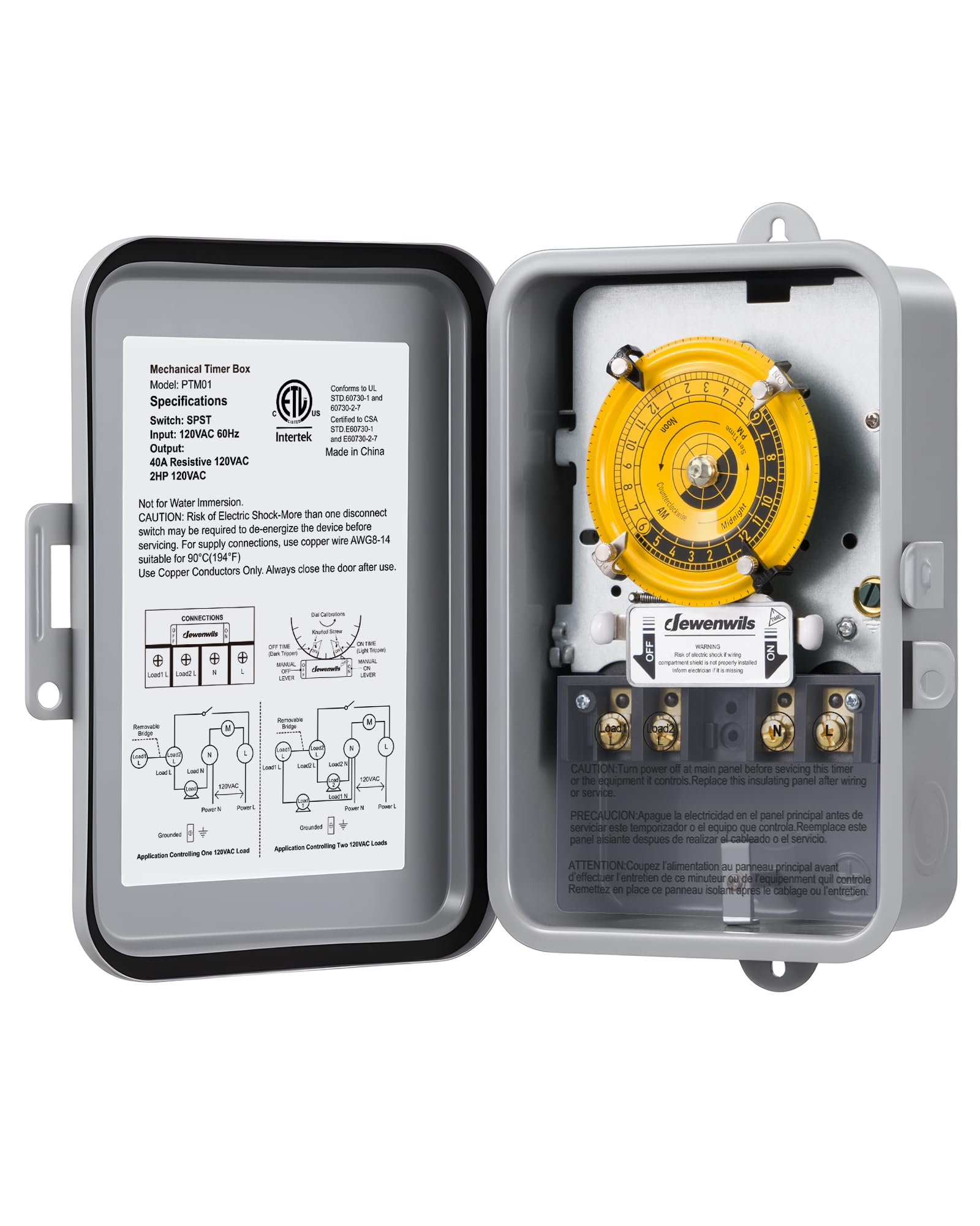 Photo 1 of DEWENWILS 24-Hour Mechanical Timer Switch - 120VAC SPST, 2HP 40A, Metal Enclosure, Heavy Duty, Manual Override, Ideal for Pool Pump, Water Heater, Lights and Fans, Weatherproof, ETL Listed, Gray