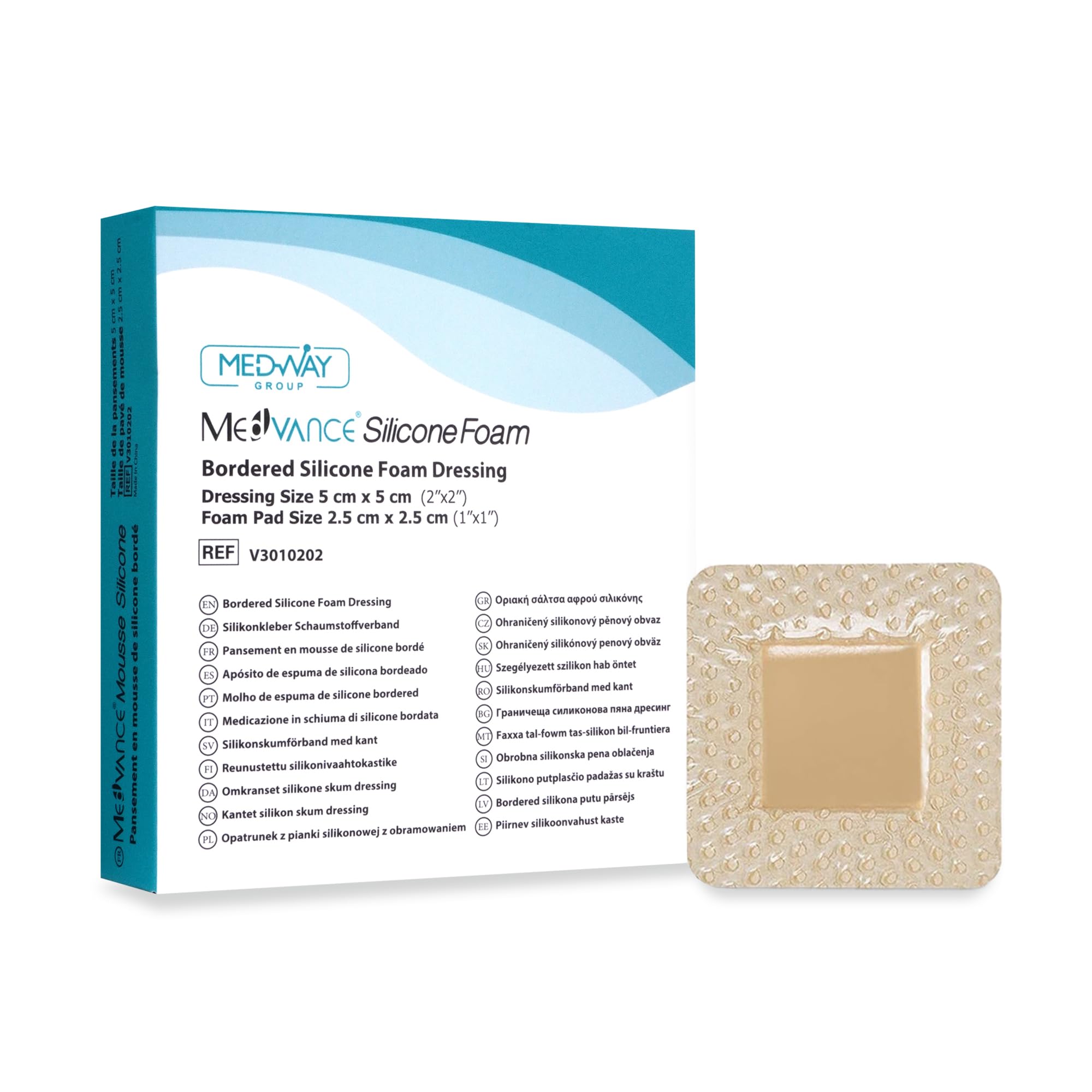 MedVanceTM Silicone - Bordered Silicone Adhesive Foam Dressing Size 5 cm x 5 cm (2.5 cm x 2.5 cm Pad), Box of 5 dressings
